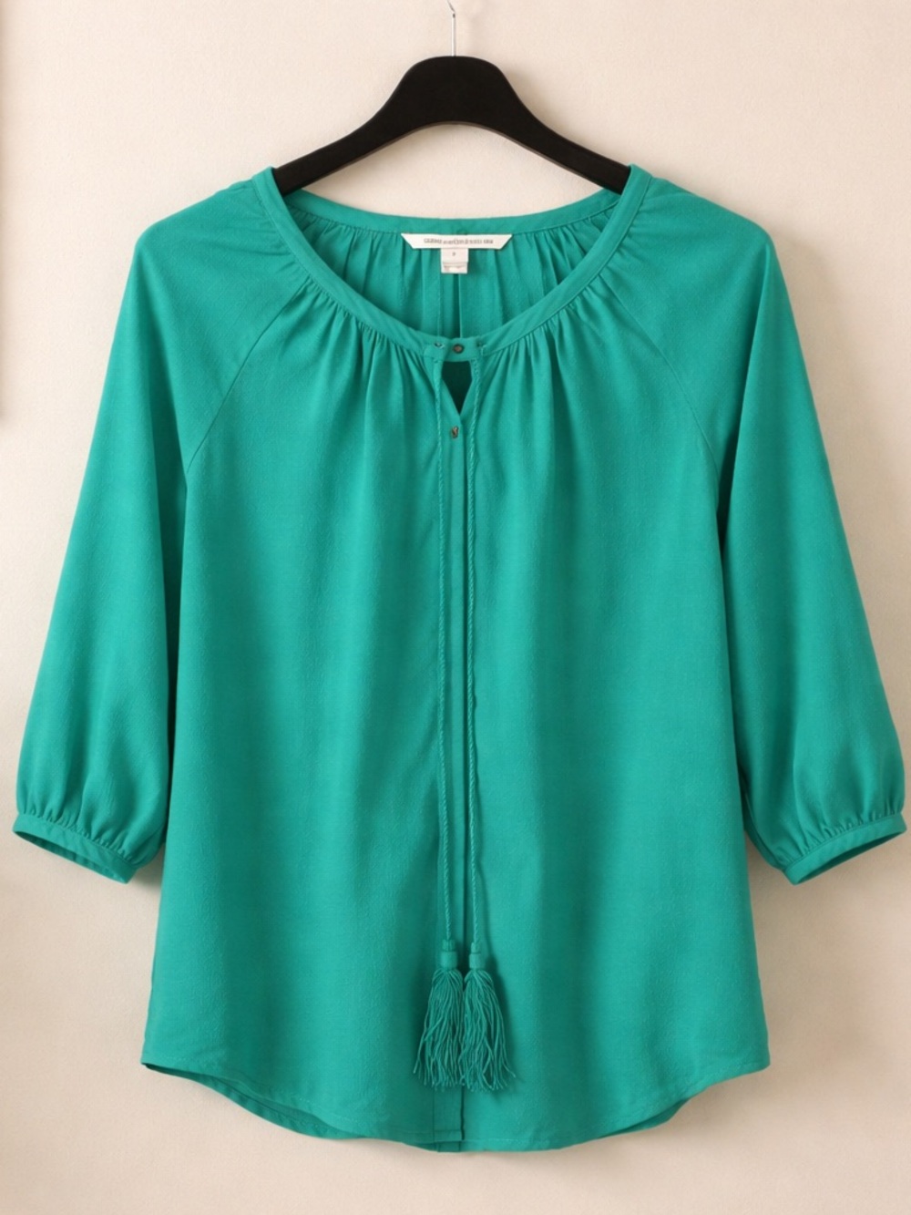 Diane Von Furstenberg Teal Tassel-Tie Peasant Blouse